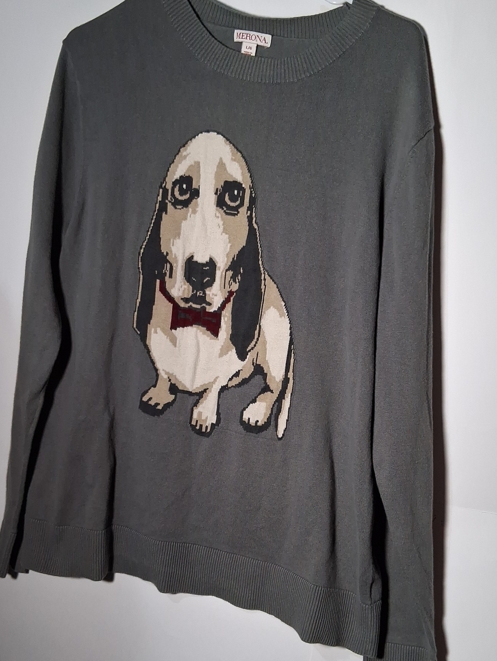 Merona Charcoal Crewneck Sweater with Basset Hound and Red Bow